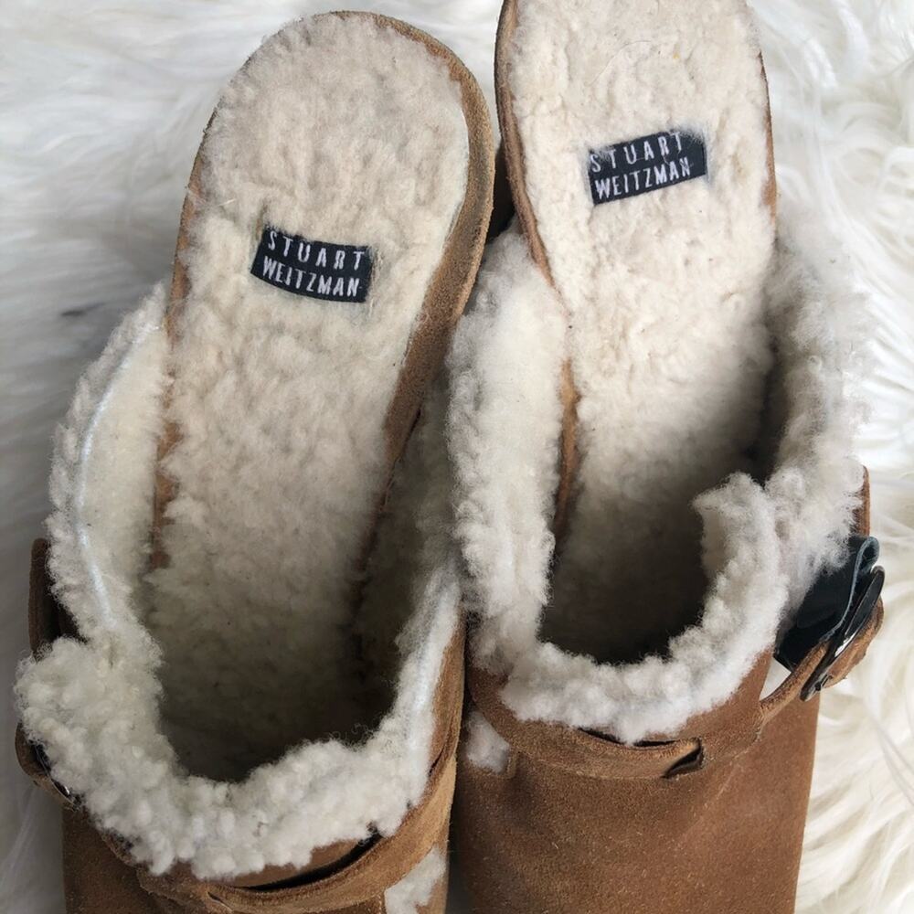 Stuart Weitzman Suede Buckle Fuzzy Platform Heel - image 4